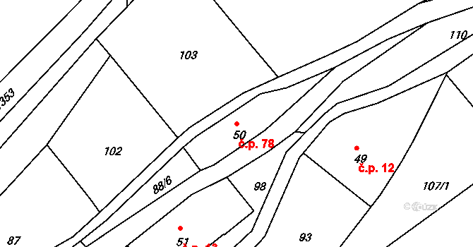 Suchý Důl 78 na parcele st. 50 v KÚ Suchý Důl, Katastrální mapa
