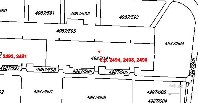 Louny 2493,2494,2495 na parcele st. 4987/191 v KÚ Louny, Katastrální mapa