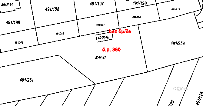 Kanice 360 na parcele st. 491/317 v KÚ Kanice, Katastrální mapa