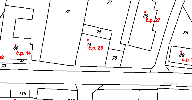 Labutice 28, Suchdol na parcele st. 74 v KÚ Labutice, Katastrální mapa