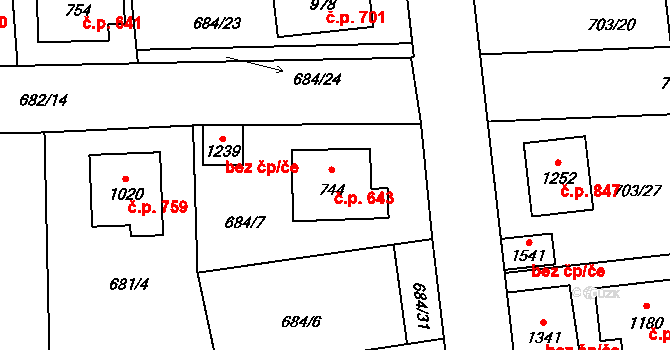 Lišov 643 na parcele st. 744 v KÚ Lišov, Katastrální mapa