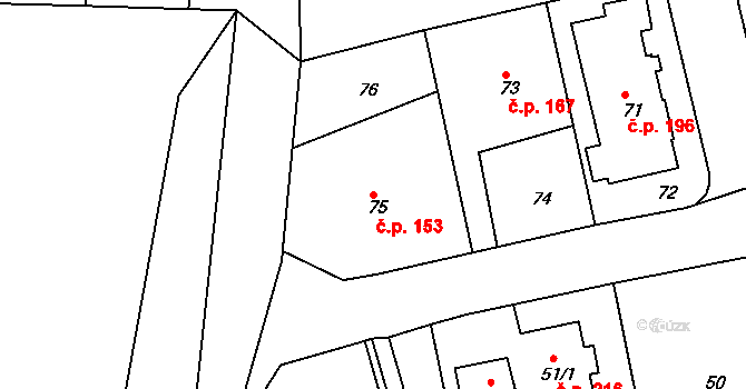 Dalovice 153 na parcele st. 75 v KÚ Dalovice, Katastrální mapa