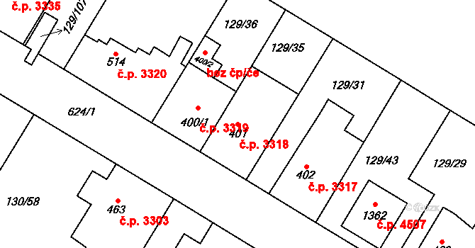 Jihlava 3318 na parcele st. 401 v KÚ Bedřichov u Jihlavy, Katastrální mapa