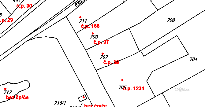 Rousínov 38 na parcele st. 707 v KÚ Rousínov u Vyškova, Katastrální mapa