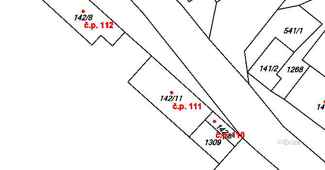 Hukvaldy 111 na parcele st. 142/11 v KÚ Sklenov, Katastrální mapa