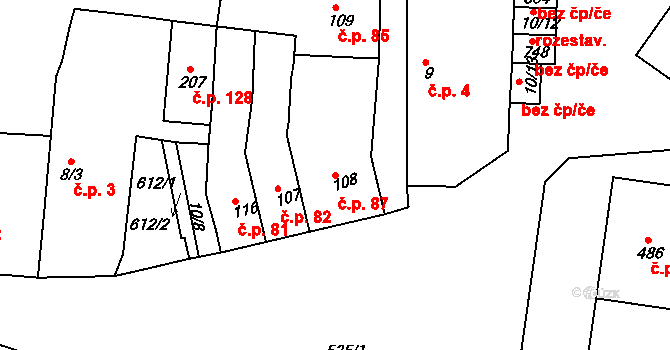 Hostomice 87 na parcele st. 108 v KÚ Hostomice nad Bílinou, Katastrální mapa