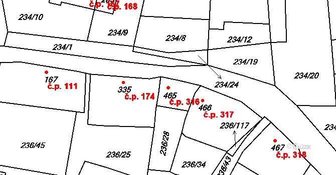 Klecany 316 na parcele st. 465 v KÚ Klecany, Katastrální mapa