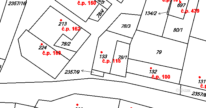Hudlice 115 na parcele st. 133 v KÚ Hudlice, Katastrální mapa