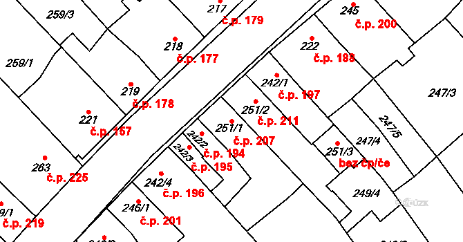 Senice na Hané 207 na parcele st. 251/1 v KÚ Senice na Hané, Katastrální mapa