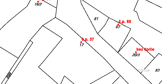Milovice u Hořic 37 na parcele st. 17 v KÚ Milovice u Hořic, Katastrální mapa