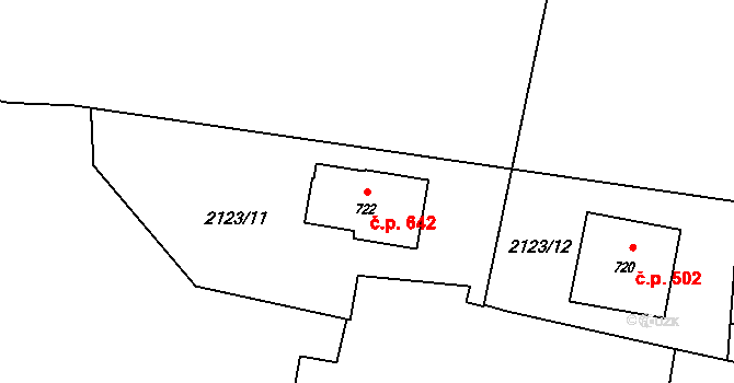 Rožnov pod Radhoštěm 642 na parcele st. 722 v KÚ Rožnov pod Radhoštěm, Katastrální mapa