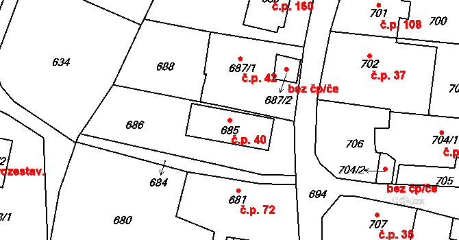 Dolní Zálezly 40 na parcele st. 685 v KÚ Dolní Zálezly, Katastrální mapa