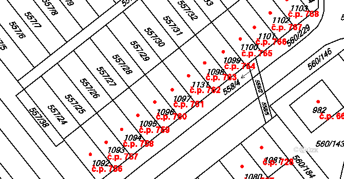 Podklášteří 761, Třebíč na parcele st. 1097 v KÚ Podklášteří, Katastrální mapa
