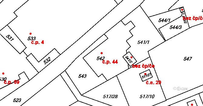 Pudlov 44, Bohumín na parcele st. 542 v KÚ Pudlov, Katastrální mapa