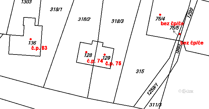 Sklené 75 na parcele st. 129 v KÚ Sklené u Svitav, Katastrální mapa
