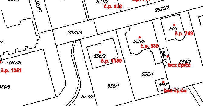 Radotín 1189, Praha na parcele st. 556/2 v KÚ Radotín, Katastrální mapa