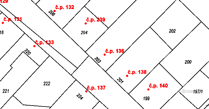 Jevišovka 136 na parcele st. 203 v KÚ Jevišovka, Katastrální mapa