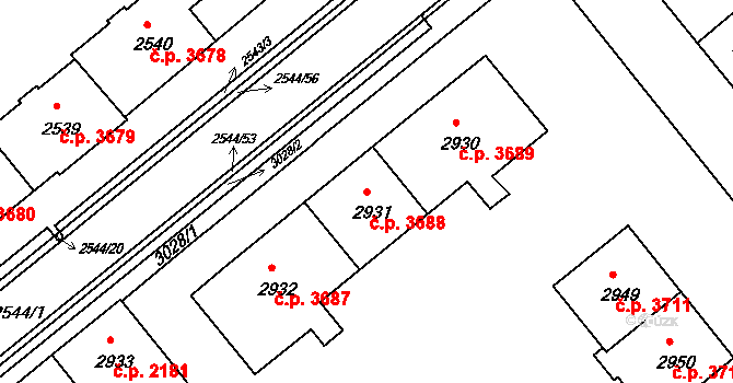 Chomutov 3688 na parcele st. 2931 v KÚ Chomutov II, Katastrální mapa