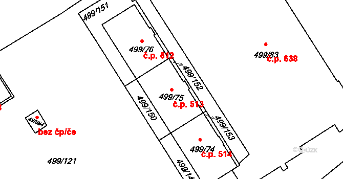 Ráj 513, Karviná na parcele st. 499/75 v KÚ Ráj, Katastrální mapa