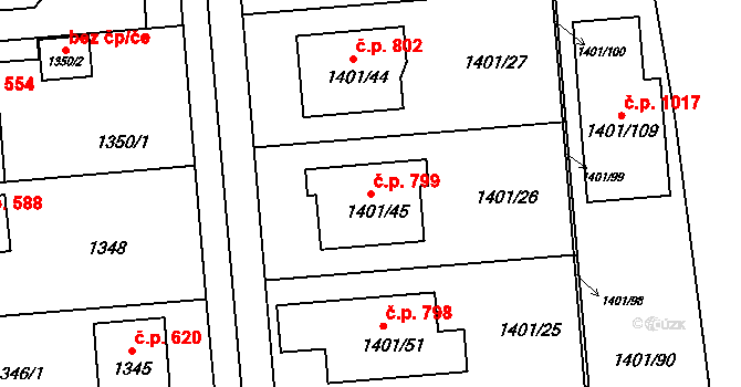 Šeberov 799, Praha na parcele st. 1401/45 v KÚ Šeberov, Katastrální mapa