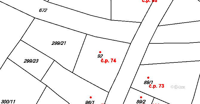 Katusice 74 na parcele st. 92 v KÚ Katusice, Katastrální mapa