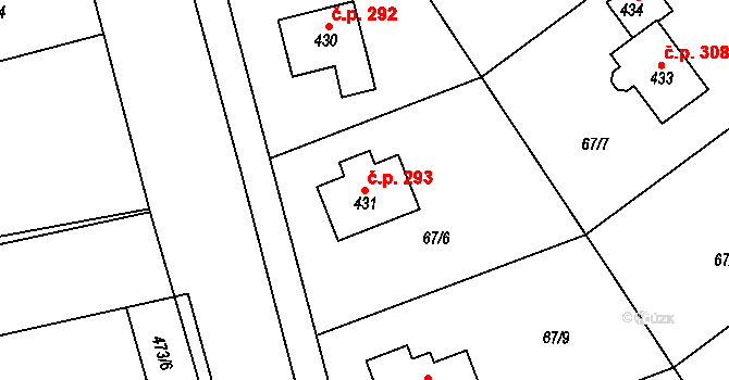 Broumy 293 na parcele st. 431 v KÚ Broumy, Katastrální mapa