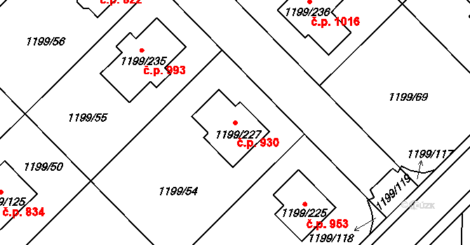 Vejprnice 930 na parcele st. 1199/227 v KÚ Vejprnice, Katastrální mapa