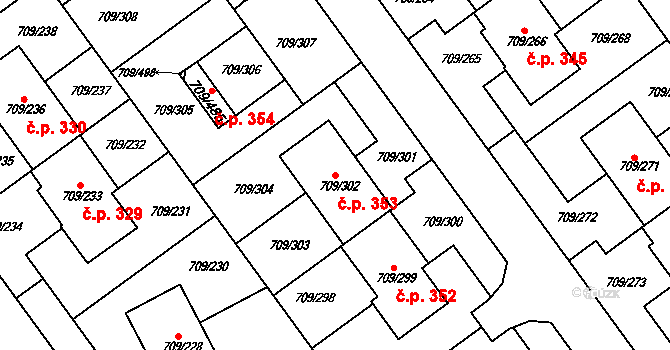 Popůvky 353 na parcele st. 709/302 v KÚ Popůvky u Brna, Katastrální mapa