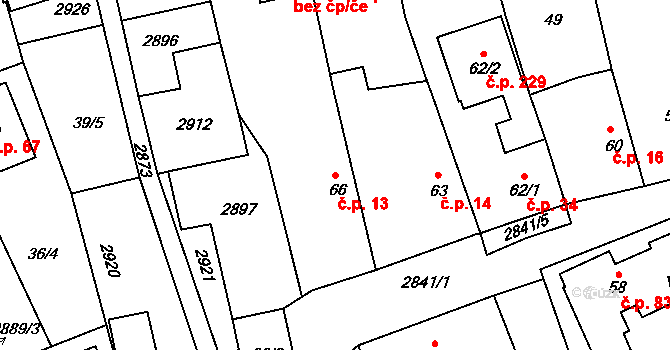 Sehradice 13 na parcele st. 66 v KÚ Sehradice, Katastrální mapa