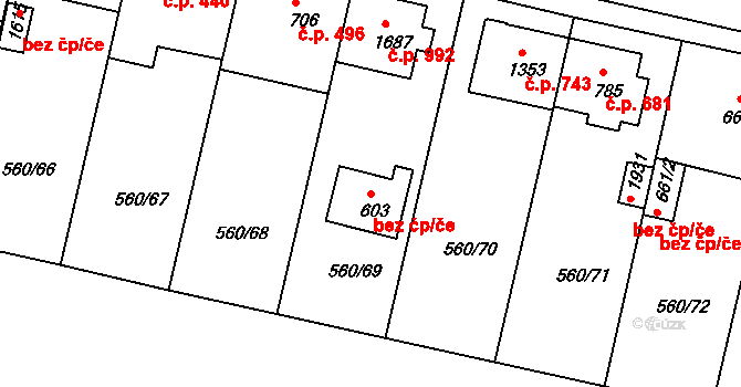 Třebíč 41268237 na parcele st. 603 v KÚ Podklášteří, Katastrální mapa