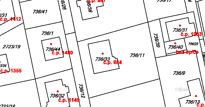 Kylešovice 884, Opava na parcele st. 736/33 v KÚ Kylešovice, Katastrální mapa