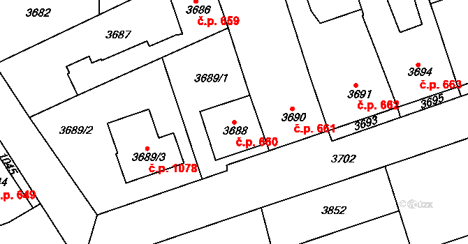 Vlčnov 660 na parcele st. 3688 v KÚ Vlčnov, Katastrální mapa