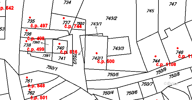Kunovice 500 na parcele st. 742/1 v KÚ Kunovice u Uherského Hradiště, Katastrální mapa