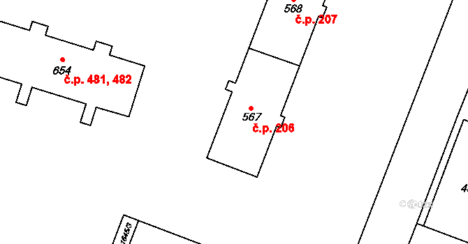 Hanušovice 206 na parcele st. 567 v KÚ Hanušovice, Katastrální mapa