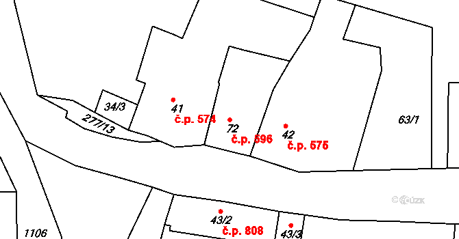 Rudná 596 na parcele st. 72 v KÚ Hořelice, Katastrální mapa