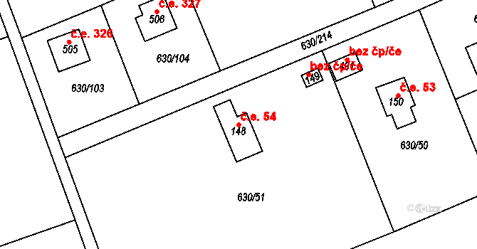 Kytín 54 na parcele st. 148 v KÚ Kytín, Katastrální mapa