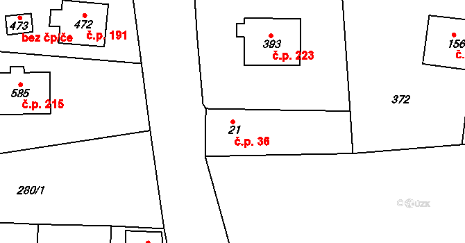 Hrádek 36 na parcele st. 21 v KÚ Hrádek u Rokycan, Katastrální mapa
