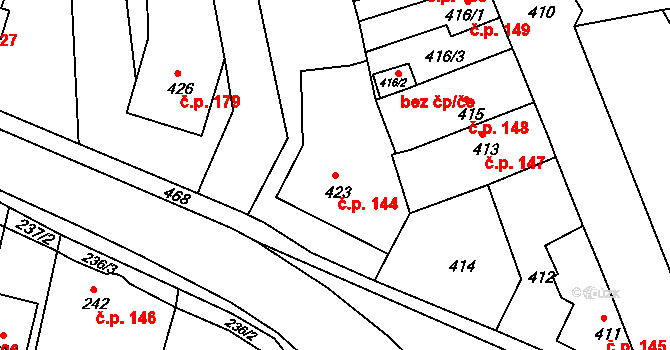 Jestřebí 144, Rájec-Jestřebí na parcele st. 423 v KÚ Jestřebí, Katastrální mapa