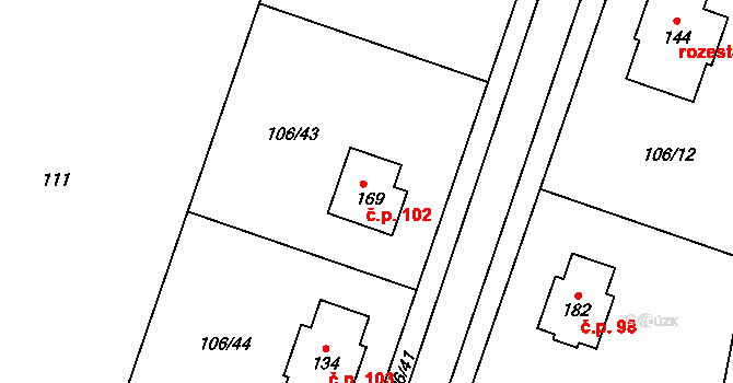 Kobylice 102 na parcele st. 169 v KÚ Kobylice, Katastrální mapa