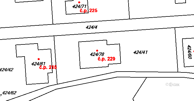 Hudcov 229, Teplice na parcele st. 424/78 v KÚ Hudcov, Katastrální mapa