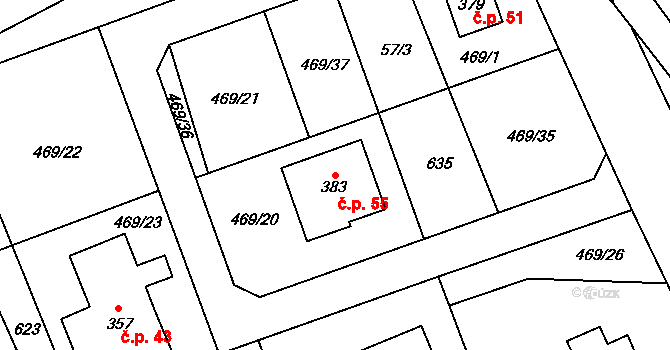 Drahlovice 55, Skuhrov na parcele st. 383 v KÚ Skuhrov pod Brdy, Katastrální mapa