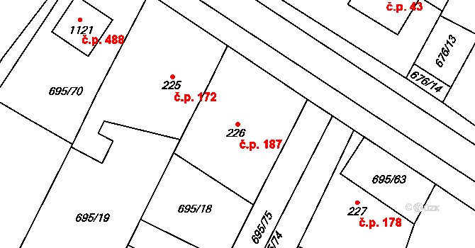 Chlumčany 187 na parcele st. 226 v KÚ Chlumčany u Přeštic, Katastrální mapa