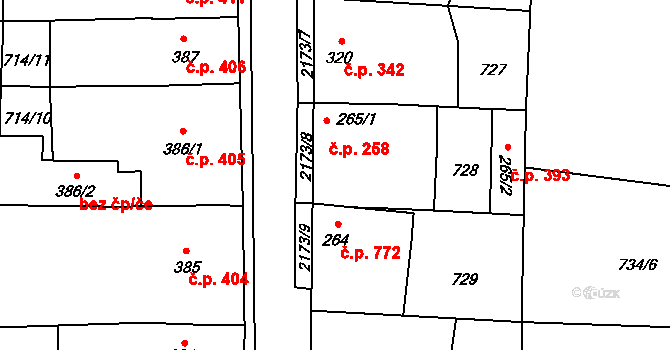 Lišov 258 na parcele st. 265/1 v KÚ Lišov, Katastrální mapa