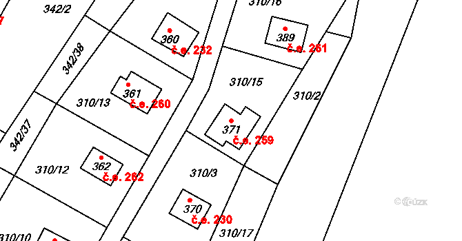 Hostěradice 259, Kamenný Přívoz na parcele st. 371 v KÚ Hostěradice, Katastrální mapa