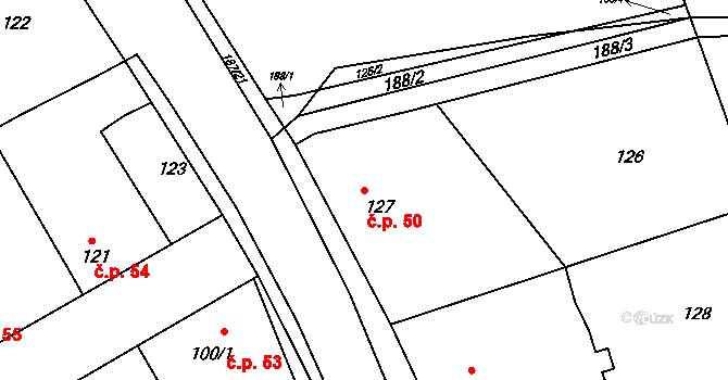Skramníky 50, Klučov na parcele st. 127 v KÚ Skramníky, Katastrální mapa