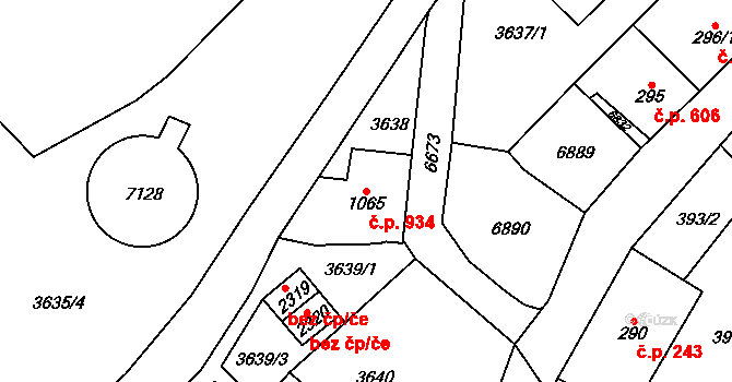 Kraslice 934 na parcele st. 1065 v KÚ Kraslice, Katastrální mapa