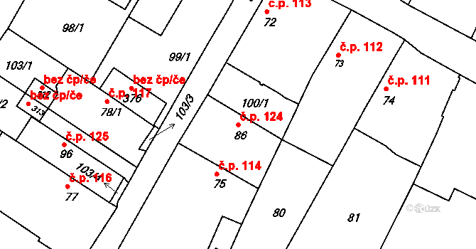 Travčice 124 na parcele st. 86 v KÚ Travčice, Katastrální mapa