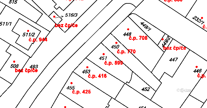 Tuřany 599, Brno na parcele st. 451 v KÚ Tuřany, Katastrální mapa