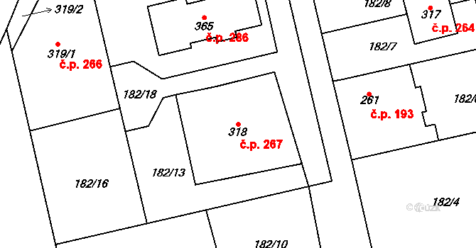 Přívory 267, Všetaty na parcele st. 318 v KÚ Přívory, Katastrální mapa