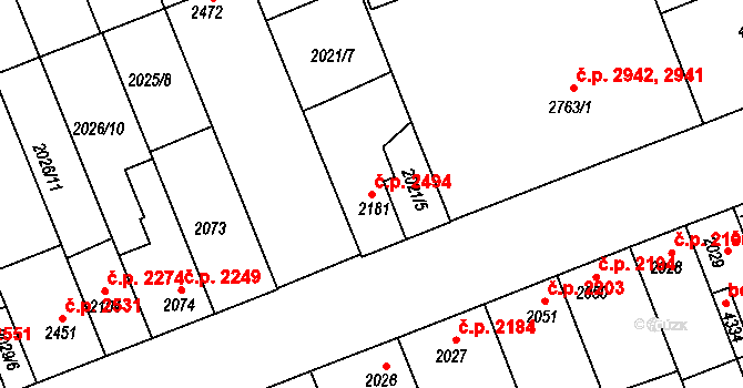 Hodonín 2494 na parcele st. 2181 v KÚ Hodonín, Katastrální mapa